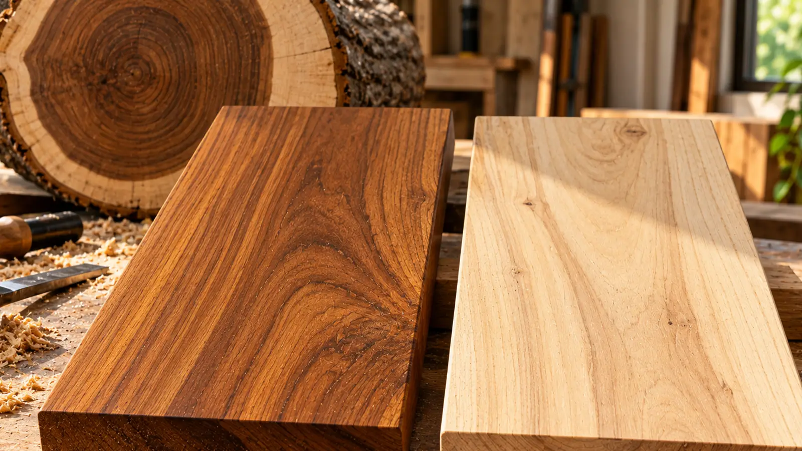 A dark teak heartwood board beside a pale sapwood board on a workbench.
