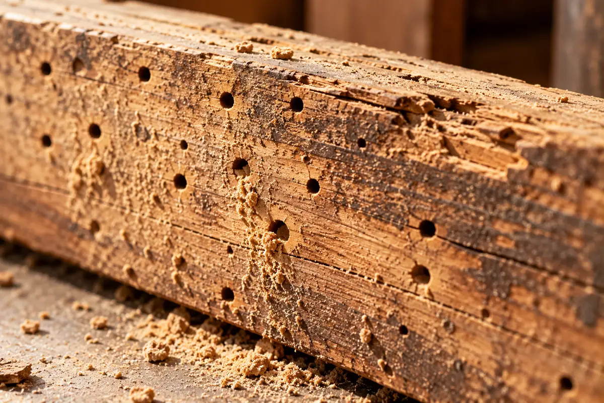 Close-up of small round borer exit holes and fine powder on old wood.