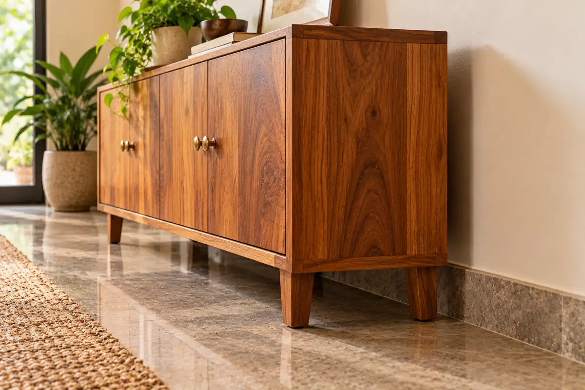 A solid-wood cabinet on legs standing clear of a stone floor.