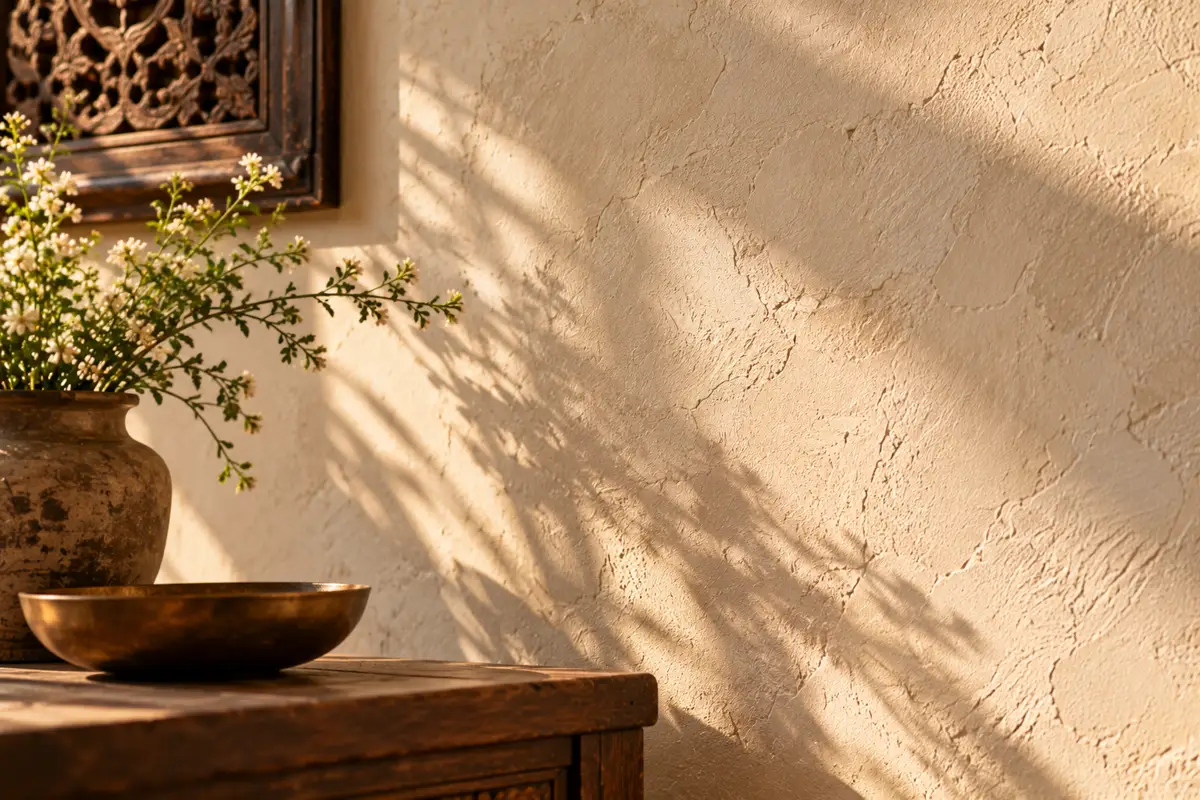Soft, mottled limewash wall texture in warm light.