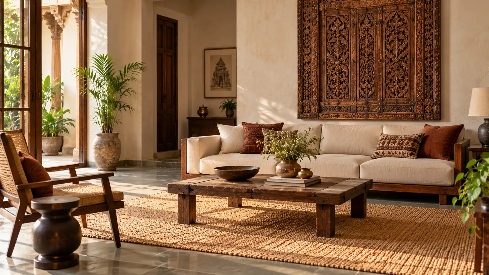 A living room with limewash walls, a stone floor, a carved wooden panel and a jute rug.