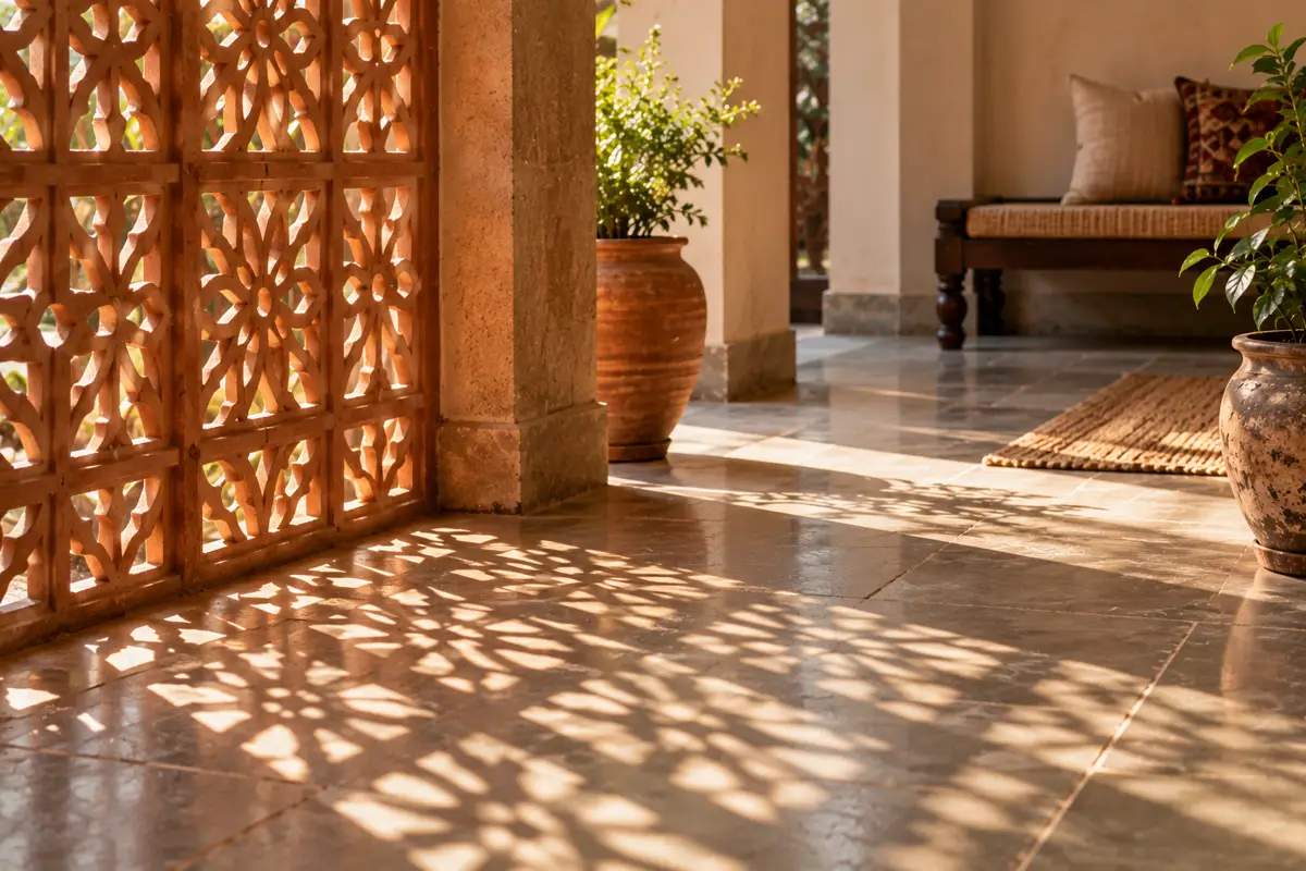 A terracotta jaali screen casting patterned shadows on a stone floor.