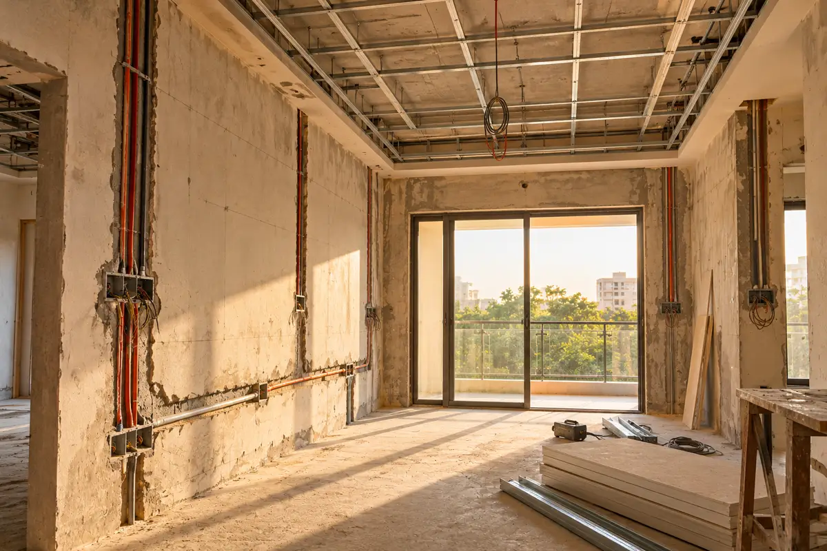 An apartment under renovation with electrical conduits run in wall chases and a metal false-ceiling frame overhead.