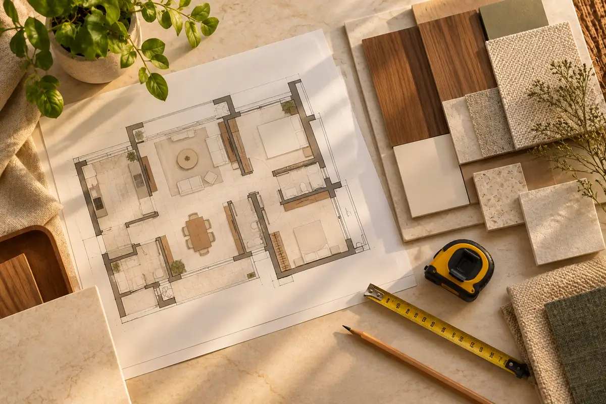 A furnished floor plan laid out with wood, stone and fabric samples, a measuring tape and a pencil.