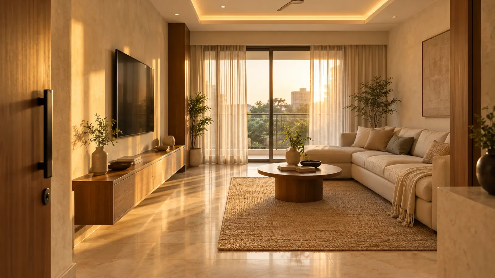A finished contemporary Indian living room at sunset, with a wooden TV unit, cove-lit ceiling and linen sofa.