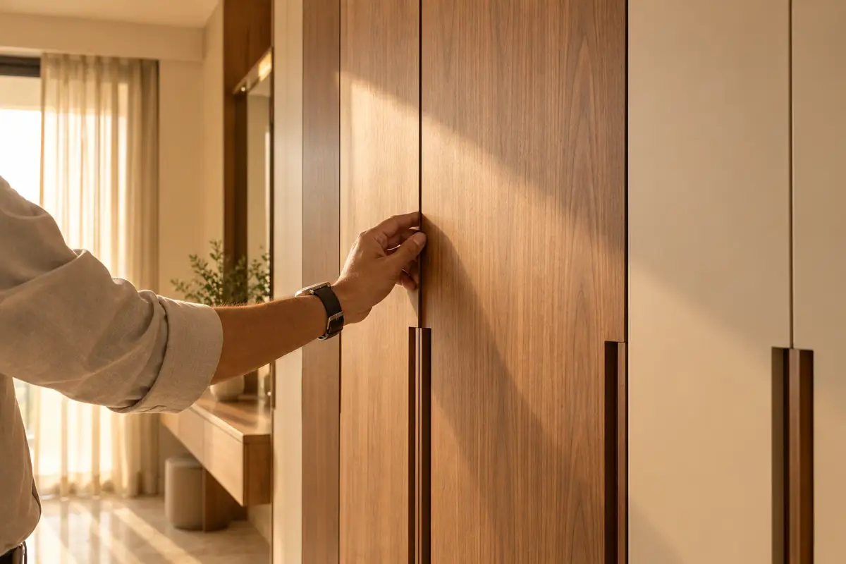 A hand checking the alignment of new walnut wardrobe shutters in a finished bedroom.