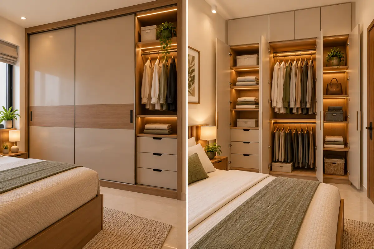 A sliding wardrobe and a hinged wardrobe side by side in two bedrooms.