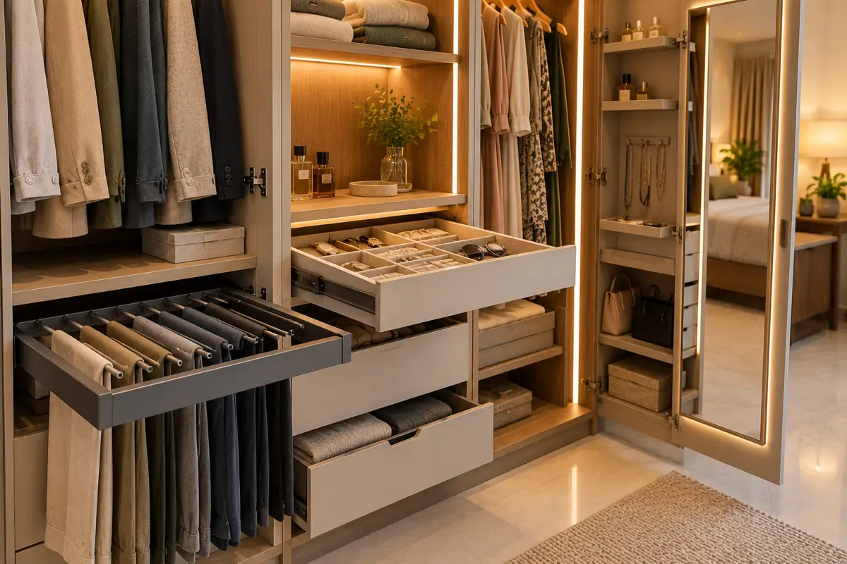 Wardrobe fittings: a pull-out trouser rack, a jewellery drawer and an internal mirror.