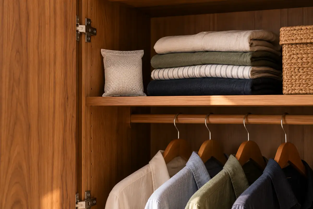 Inside a wooden wardrobe with folded clothes and hanging shirts.