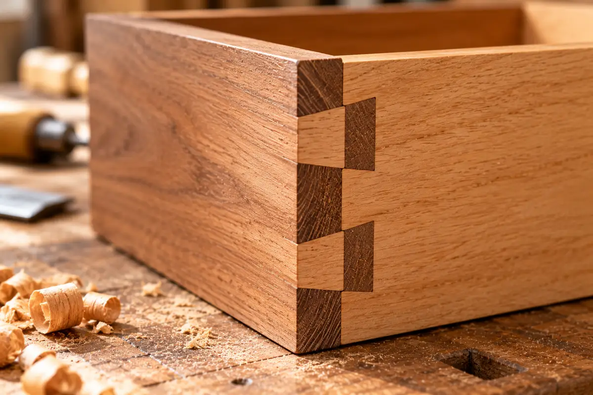 Close-up of a dovetail joint at the corner of a drawer.