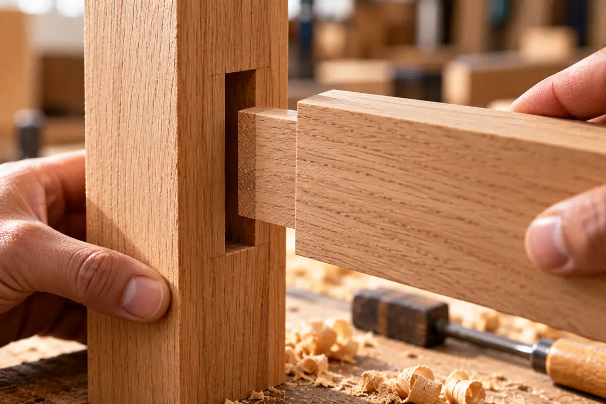 Hands fitting a tenon into a mortise in a solid-wood leg.