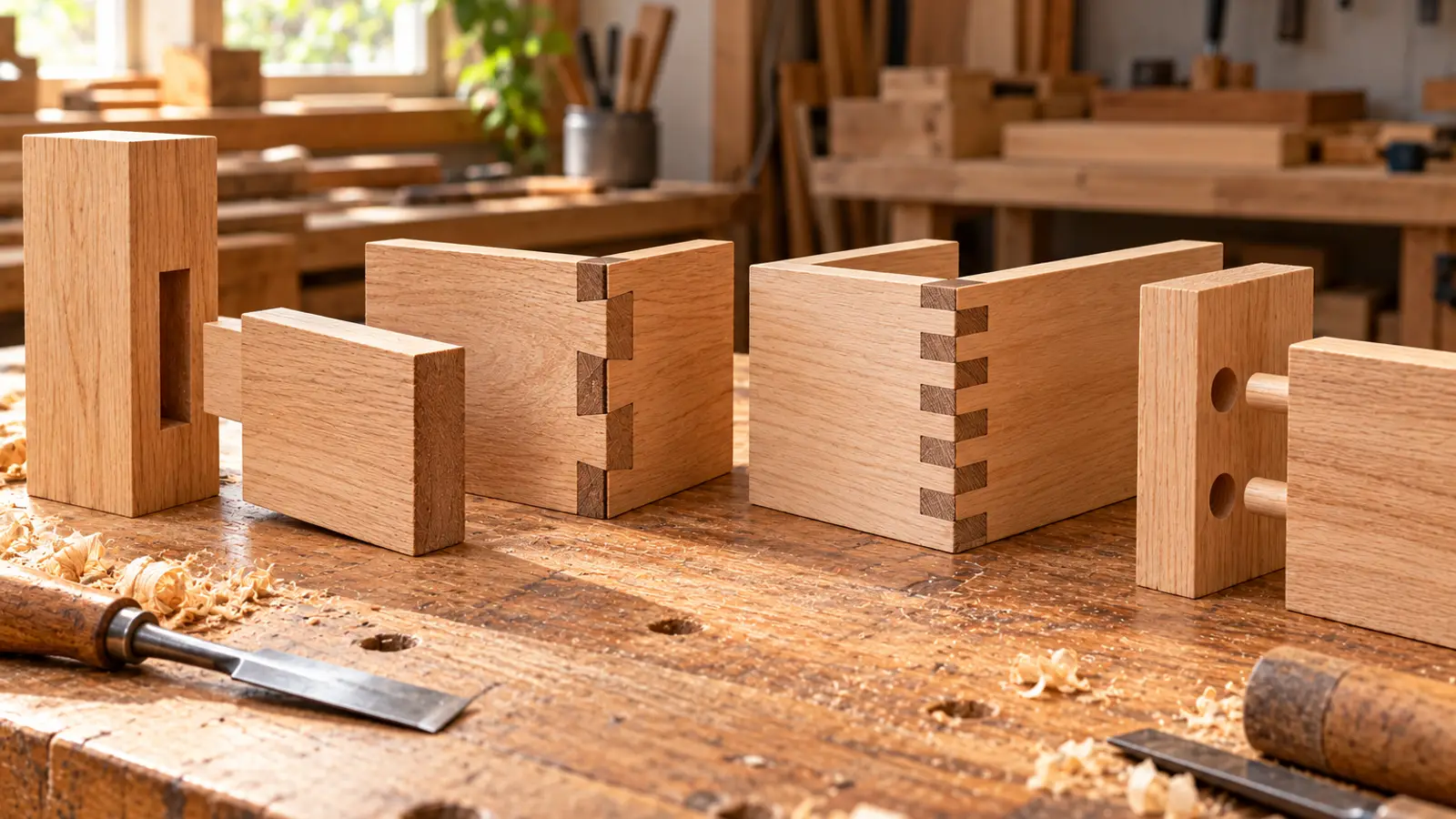 Wood joints on a workbench: mortise and tenon, dovetail, finger joint and dowel joint.